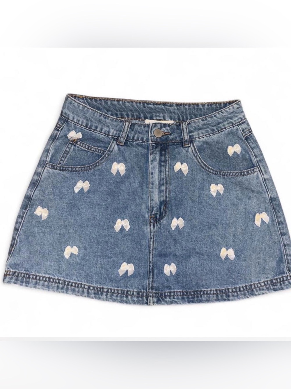 MARBLE Blue Denim Mini Skirt with White Bow Accents